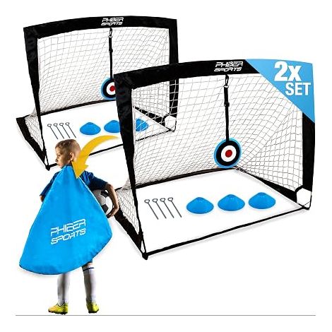 2 x Football Goal Set for Kids - Upgraded Version 2026 with Reinforced Fibreglass Bars - Carry Bag, 6 x Cones, 2 x Targets Included - for the Garden (1/5)
