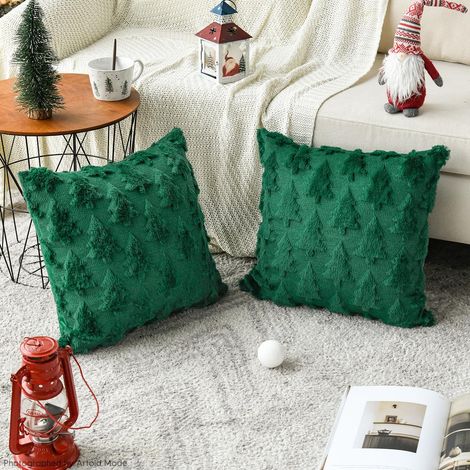 Housses de coussin en fausse fourrure verte pour sapins de Noël de Noël, ensemble de 2, 45x45 cm, velours pelucheux d'hiver, housse de coussin décorative pour la décoration de la chambre à (1/5)