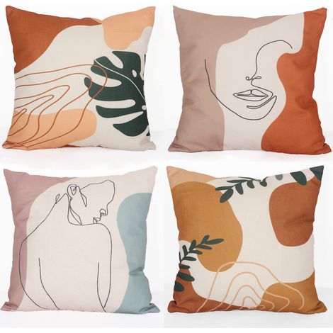 41x41cm Lot de 4 Art Abstrait Housse De Coussin Femme Affronter Doubler Style Orange Lin De Coussin carré Taie D'Oreiller Pour Canapé Voiture Extérieur Jardin Chambre À Coucher Canapé (1/5)