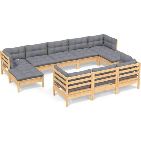 Juego de muebles de jardín 10 pzas y cojines madera maciza pino vidaXL (1/5)