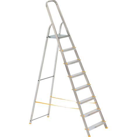 Monmobilierdesign – Escabeau en aluminium 8 marches – Hauteur de travail 3,56 m – Charge 150 kg – Tampons antidérapants et garde-corps de sécurité