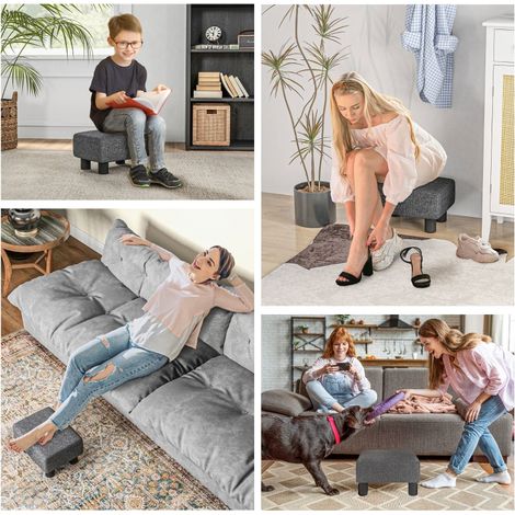 Pouf Ottoman en lin moderne, tabouret rembourré gris foncé pour salon, chambre, repose-pieds élégant, assise confortable. (1/5)
