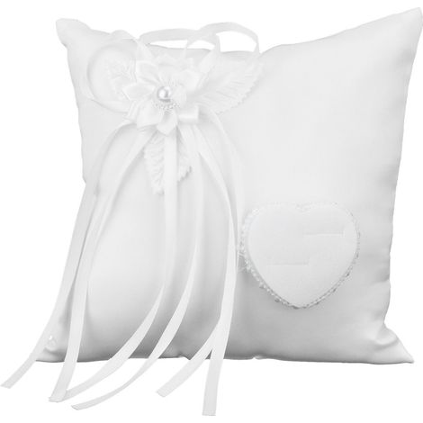 Coussin à alliance en forme de cœur de camélia blanc - Accessoire de mariage pour cérémonie et réception (1/5)