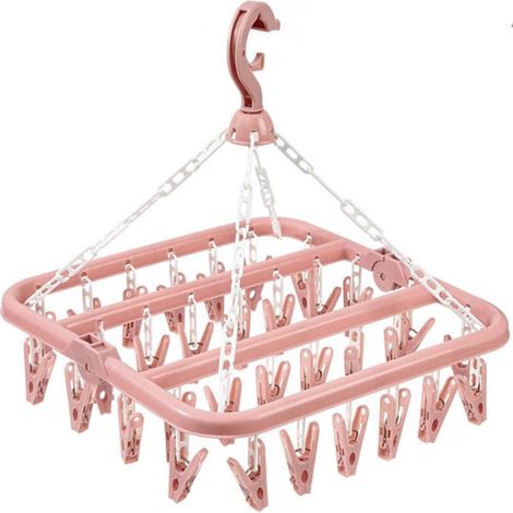 Etendoir Chaussette Cintre à Linge avec 32 Clips pour Sèche Chaussettes Pliable Pinces à Linge Sechoir pour sous-Vêtements Pinces à Linge pour Serviettes Soutiens Gorge Gants Chapeaux Rosa