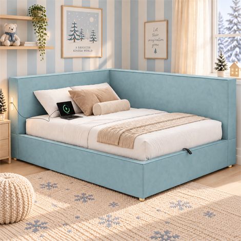 Lit Banquette Enfant 1 Place 90x200 cm avec Coffre Hydraulique, LED et USB/USB-C, doté d’une Tête de Lit Rembourrée et d’un Sommier à Lattes Inclus, en Velours - Bleu (1/5)