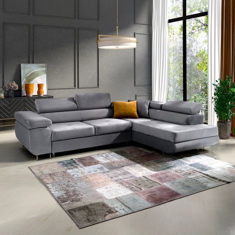 Canapé d'angle convertible droit 4 places Wilson velours Gris (1/5)
