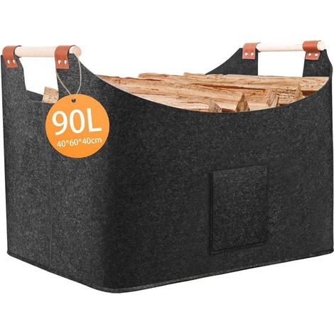 Panier de rangement pliable en feutre gris foncé de 96 L avec poignées en bois, pour bûches. (1/5)