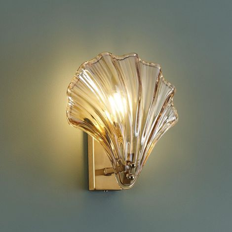 Kosilum – Applique murale coquillage en verre – Socle métal laiton – 21 cm hauteur – Compatible ampoule E14 – Pour salon et entrée