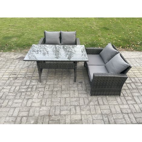 Fimous Dark Grey PE Wicker Rattan Garden Furniture Set Love Sofa Outdoor Rectangular Dining Table