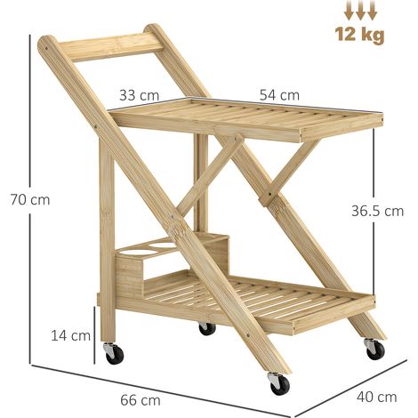 Chariot de service en bambou naturel avec porte-bouteilles, plan de travail, 2 tablettes, roulettes, idéal pour cuisine, salon ou bureau, 66 x 40 x 70 cm (1/5)