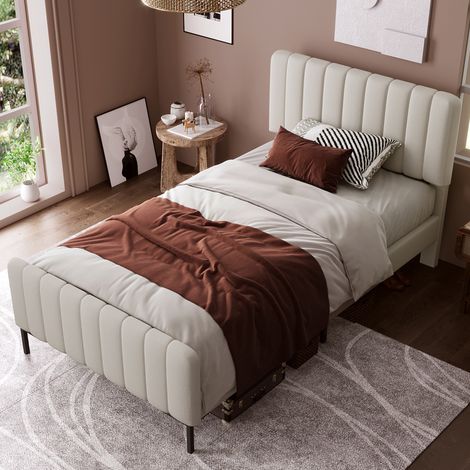 MODFU – Letto per bambini 90x190 cm in lino con testiera regolabile 3 posizioni, rete a doghe e carico 113 kg – Grigio beige (1/5)