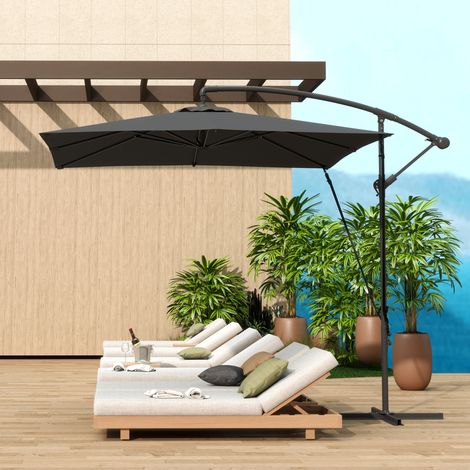 Parasol déporté jardin extérieur toile ajustable 8 baleines base croix manivelle 2,5x2,5m, gris foncé