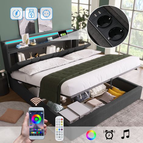 Lit coffre 160x200cm, lit double LED, gris, lin, lit adulte, sans matelas