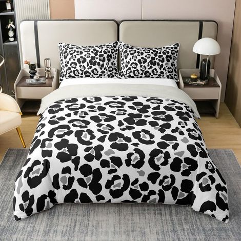 Housse de couette 100 % coton avec impression léopard - Taille L - Noir et gris - Parure de lit - 2 taies d'oreiller (1/5)