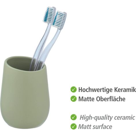 Gobelet Badi Vert Pale céramique - Porte-Brosse à Dents pour la Brosse à Dents et la pâte Dentifrice, Céramique, 8 x 11 x 8 cm, Vert (1/5)