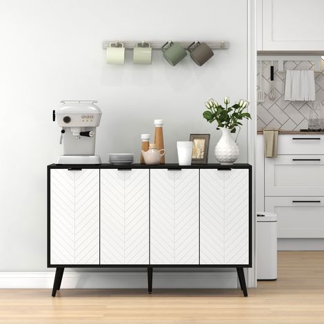 Credenza a 4 ante, credenza per soggiorno, ripiani regolabili, gambe in legno per cucina, bianco e nero, 120x35x77,4 cm