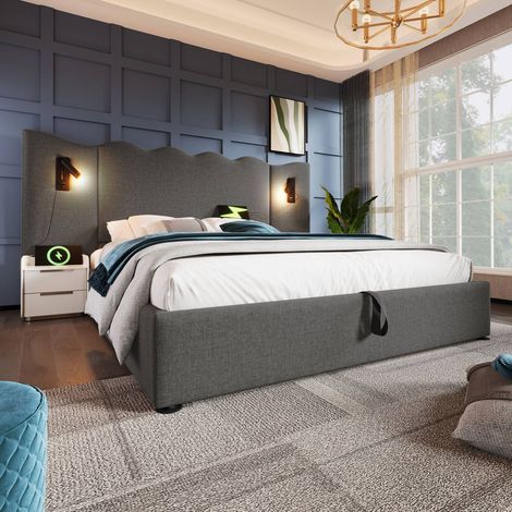 Lit coffre 160 x 200 cm avec lampe de lecture, usb type-c, cadre bois massif et métal, gris, avec matelas (1/5)