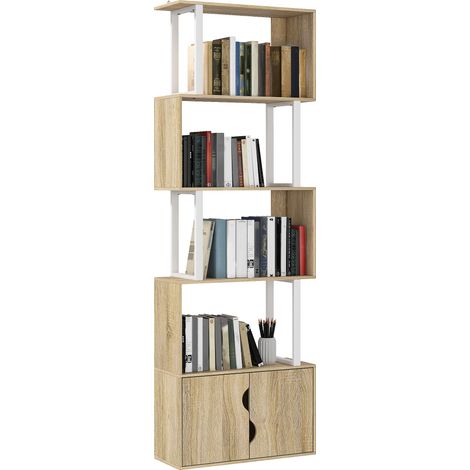 Libreria a 5 ripiani, mobile contenitore con ripiani e armadio a due ante, 60 x 23,8 x 179,2 cm, legno naturale