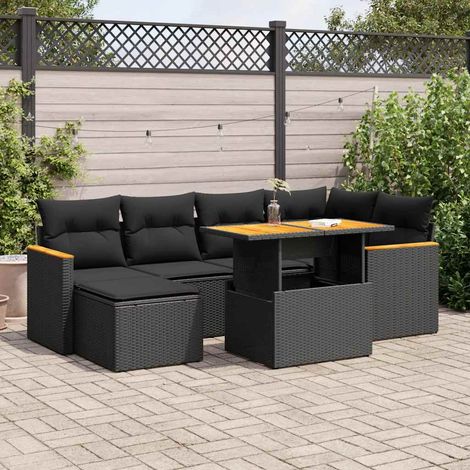 Salon de jardin 7 pièces en résine tressée, coussins noirs, acacia et rangement - PANGIVO (1/5)