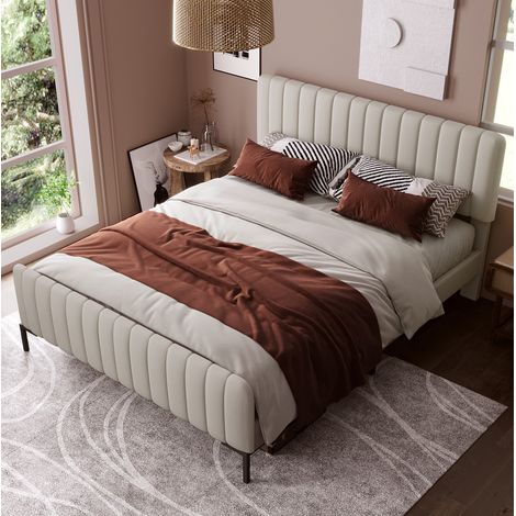 Letto matrimoniale 180 x 200 cm con rete, testiera regolabile, lino grigio beige, REDOM (1/5)