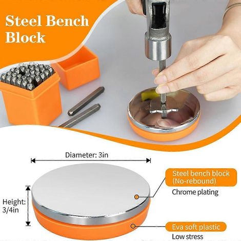 Kit de poinçonnage pour métaux, outils de poinçonnage pour la fabrication de bijoux avec un ensemble de 37 poinçons de 3 mm (1/8") en chiffres et lettres, bloc d'établi en acier (1/5)
