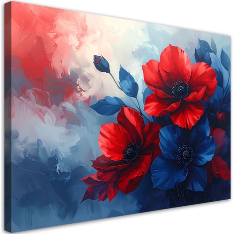 Tableau Moderne, Fleurs rouges abstraites sur fond bleu,30x20 (1/4)