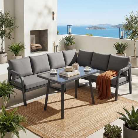 Ensemble assise jardin 6 personnes structure acier galvanisé tressé canapé d'angle et table repas gris