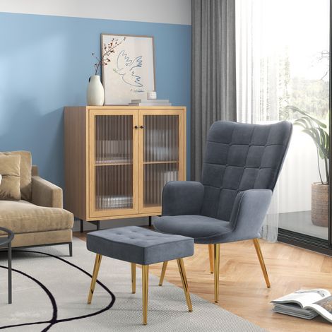 Fauteuil velours gris anthracite capitonné haut dossier avec pouf assorti, piètement acier doré, pour séjour. (1/5)