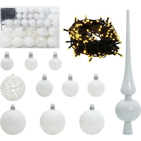 Ensemble de boules de Noël, contenant 150 lumières LED, 61 boules au total, en plastique blanc. (1/5)
