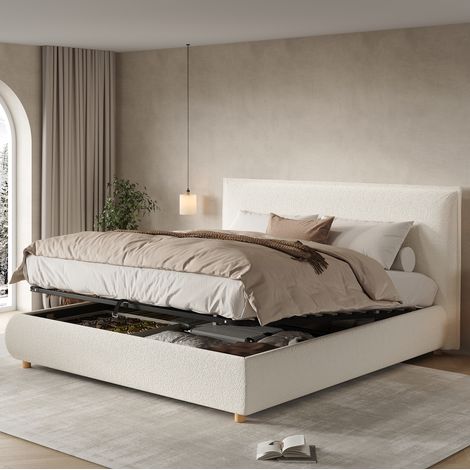 Bett Doppelbett 180x200 mit Stauraum Boucle Weiß HAVRYA (1/5)