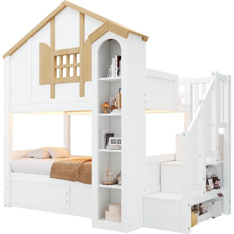 Lit superposé avec lit inférieur hydraulique, mezzanine bois massif enfant, 90x200+90x200, maison, LED, escalier rangement, blanc/naturel, matelas non inclus (1/5)