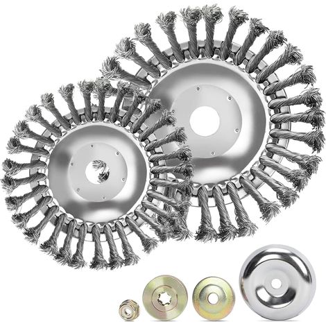 Tête Brosse Désherbage pour Débroussailleuse, Brosse à Désherber Ronde, Tete Brosse Debroussailleuse Universelle 25,4mm, Tête de Désherbage Fil d'acier avec 4 Accessoires(8 Pouce+6 Pouce) (1/5)