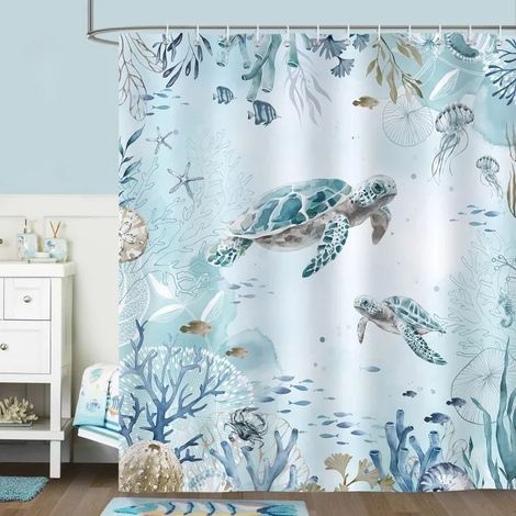 Rideau de douche / Rideau de douche imperméable 180x200 cm - Imperméable, anti-moisissure, motif tortues et dauphins – Installation facile (1/5)