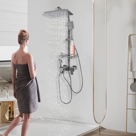 Ensemble de douche, ensemble de douche avec affichage numérique, ensemble de douche mural, comprenant une douchette à main, une pomme de douche et un mitigeur (1/5)
