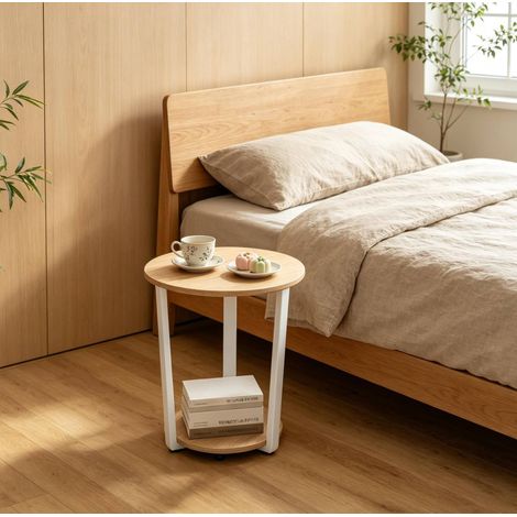 Mesa auxiliar redonda 50x50x53 cm blanca y roble claro en metal y madera con 2 estantes (1/4)