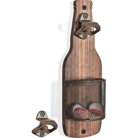 Pièce - Ouvre-bouteille en Bois Vintage - Ouvre-bouteille pour Mur - Met Panier de Rangement pour Capsules de Bouteille - Décoration Bar Cuisine - pour bar, cuisine, terrasse, biergeschenk pour hommes (1/5)
