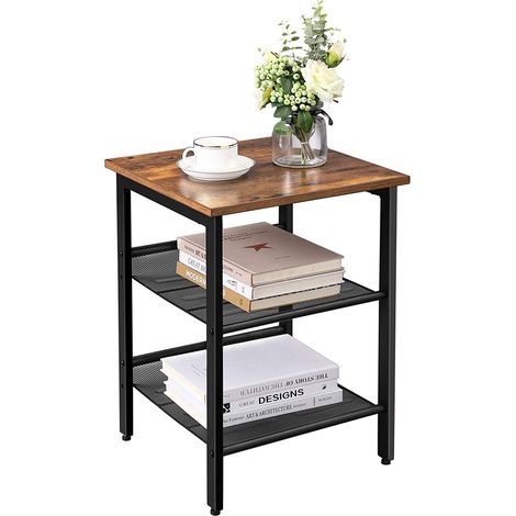 Table d’appoint, Table de Chevet avec 2 étagères réglables en Maille, Montage Simple, Style Industriel, pour Salon, Chambre, Cadre en métal, Stable, Marron Rustique et Noir (1/5)