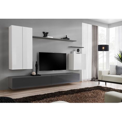 Ensemble mural - Switch XX - 1 vitrine LED - 1 banc TV - 1 étagère murale - Blanc et graphite - Modèle 1 - Livraison gratuite