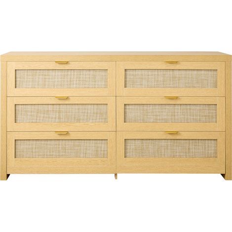Mophorn Rattankommode mit 6 Schubladen und Metallgriffen, moderner Aufbewahrungsschrank für Schlafzimmer, Wohnzimmer und Flur (144,5 x 45 x 79,5 cm) Kleidungsschrank Schubladenschrank (1/5)