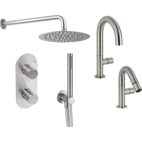 Ensemble salle de bain complet en acier AISI 316L avec lavabo, bidet et mitigeur de douche 2 voies intégré Arqea Helix KITHELIX1 (1/5)