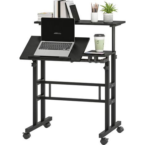 Bureau assis debout bureau réglable en hauteur 70 x 60 cm à roulettes avec plateau inclinable cadre en métal noir (1/5)