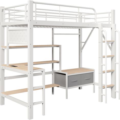 Letto a soppalco 90 x 200 cm in metallo e MDF bianco con scrivania, mensole, cassetti e USB (1/5)