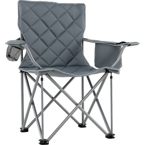 Chaise pliante de camping grise avec cadre en métal, assise rembourrée, pochette isotherme et porte-gobelet pour camping et pêche (1/5)