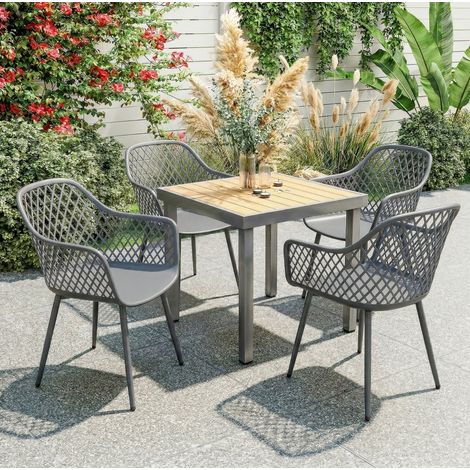Set 4 sedie da giardino in plastica con braccioli e schienale, grigio scuro OKMYHOME (1/5)