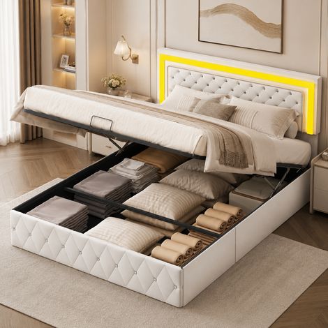 Lit coffre 140x200 cm, lit double avec rangement hydraulique et tête de lits réglable, cadre de lit pour adultes et adolescents, beige velours (1/5)