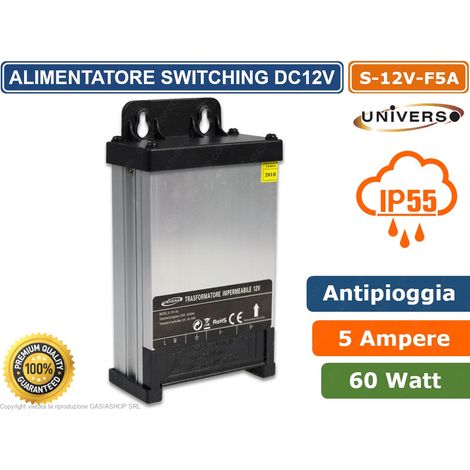 ALIMENTATORE ANTIPIOGGIA IMPERMEABILE 60W 12V IP55 5 AMPERE A 1 USCITA CON MORSETTI A VITE