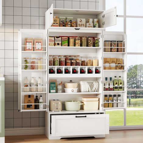 Credenza da cucina 80 x 40 x 180 cm con cassetto, portabottiglie, ripiani regolabili bianco HAVRYA (1/5)