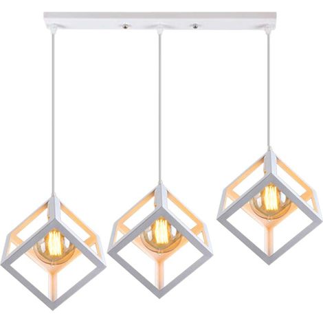 Métal Suspension Luminaire Industrielle en Barre 3 Lampes, Lampe de Plafond Abat-Jour E27, Blanc