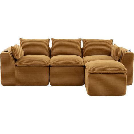 Sofá modular de 3 plazas con reposapiés de pana naranja (1/5)