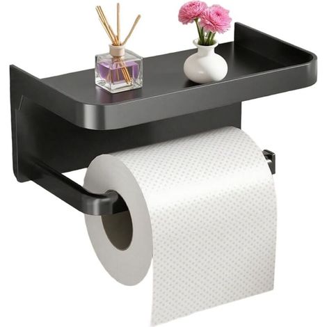Toilettenpapierhalter mit beweglichem Ständer – Selbstklebender Toilettenpapierhalter fürs Badezimmer (schwarz, quadratisch, 18 x 10 x 8 cm) (1/4)